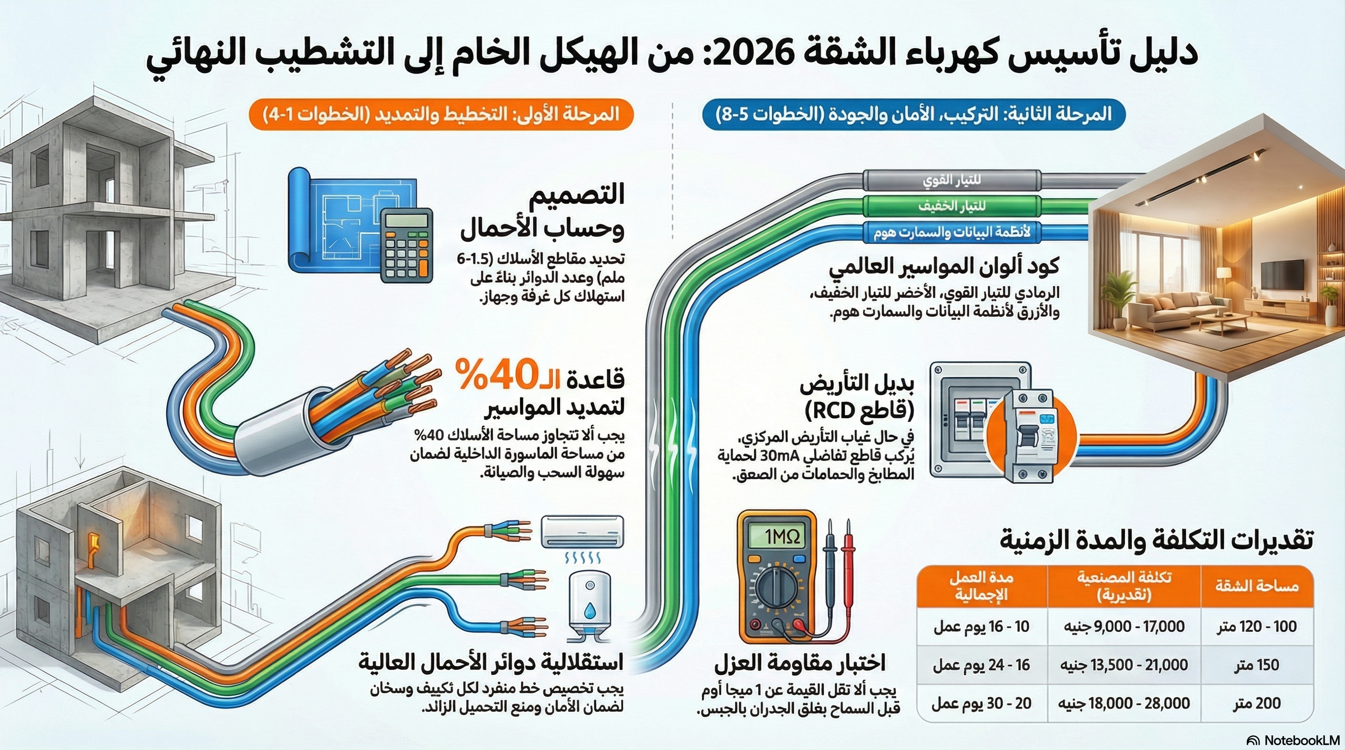 إنفوجرافيك دليل تأسيس كهرباء الشقة خطوة بخطوة — من التخطيط والحفر وسحب الأسلاك حتى تركيب لوحة التوزيع والاختبار النهائي