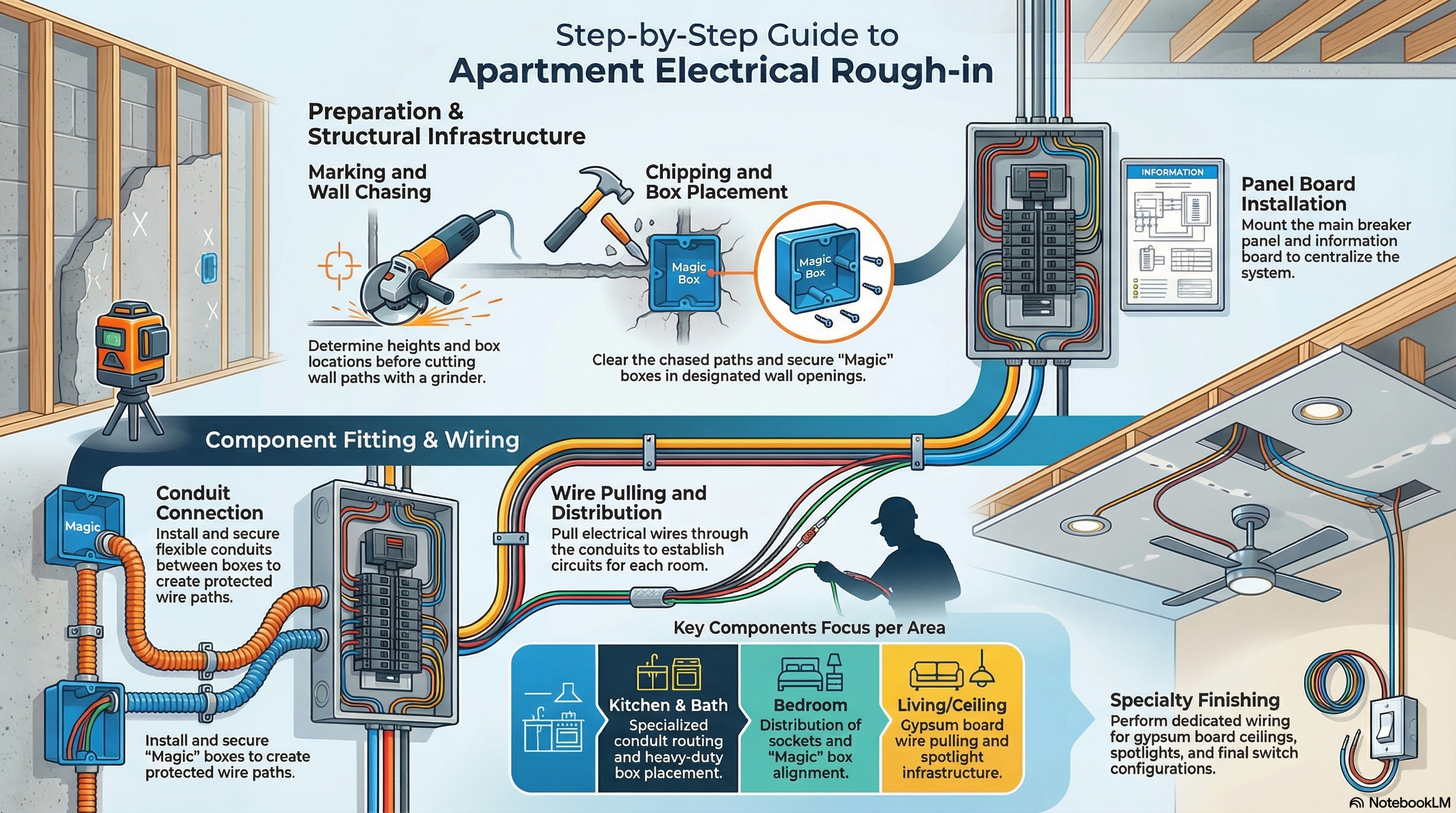 Step-by-step apartment electrical rough-in infographic — preparation, wall chasing, wire pulling, panel installation, and final inspection