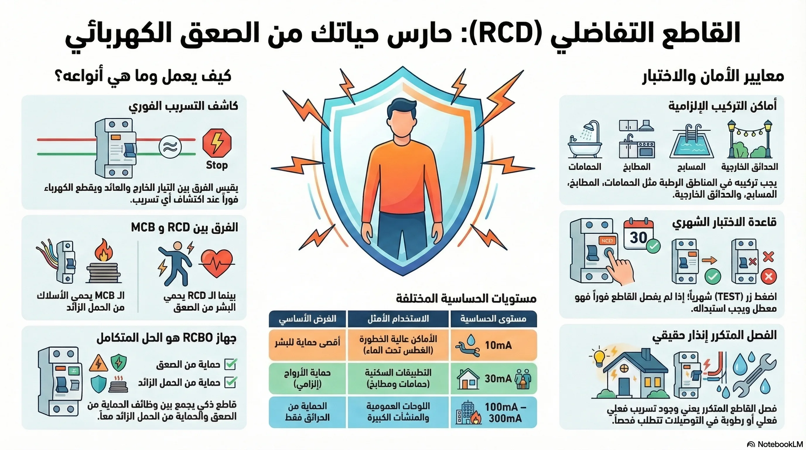 إنفوجرافيك القاطع التفاضلي RCD — كيف يعمل، أنواعه، مستويات الحساسية 10mA و30mA و100mA، أماكن التركيب الإلزامية، وكيفية الاختبار الشهري